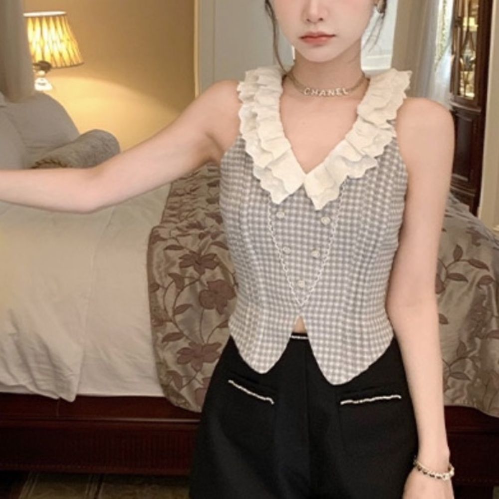 Japanese Kawaii Pastel Baby Blue Tweed White Lace Ruffle Corset Vest Blazer Top